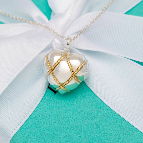 *RARE* Tiffany & Co. Vintage "Quilt Heart" Necklace Puffed 14k Gold Rope Pendant - Picture 7 of 8